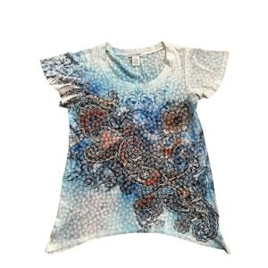 Y2k Fairy Hannah Women's Embellished Paisley‎ Print T-Shirt Top Blue Multicolor